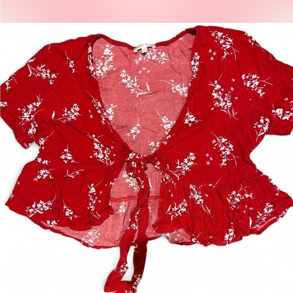 Red Floral Tie-Front Top